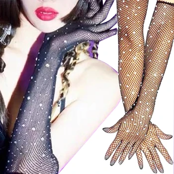 Роскошные Ажурные перчатки со стразами, Длинные Перчатки с бриллиантами, блестящие сетчатые нарукавники, аксессуары для перчаток, костюм для женщин, косплей для вечеринки
