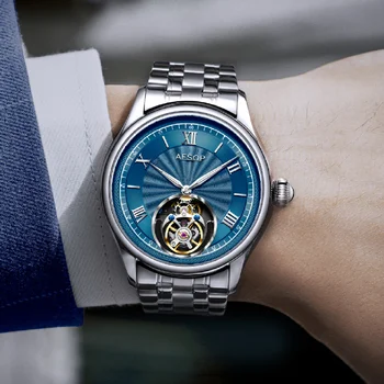 Мужские часы AESOP, роскошные механические водонепроницаемые часы Пилота из нержавеющей стали 42,5 мм, настоящие наручные часы с Турбийоном и хронографом