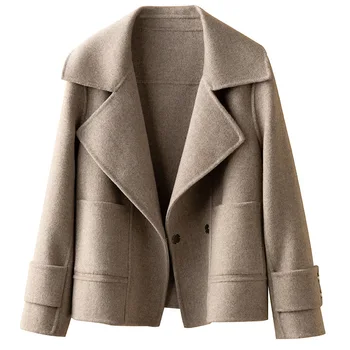Двустороннее шерстяное пальто женское короткое свободное 22 осенне-зимнее новое шерстяное пальто с отворотом и длинными рукавами в один ряд на двух пуговицах