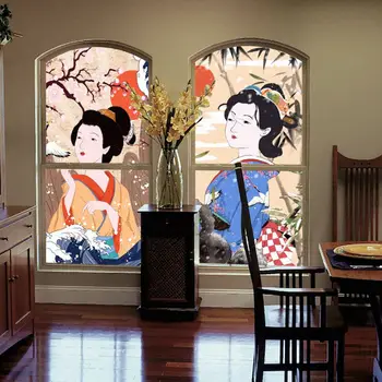 Оконная пленка Ukiyo-e, статическая наклейка на стекло для уединения, Стеклянная пленка для раздвижных дверей ресторана, непрозрачный солнцезащитный крем
