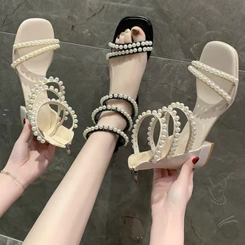 Женская обувь, женские босоножки со стразами в римском стиле, лето 2023, на среднем каблуке, Бежевая обувь, Стразы, открытый носок, Азиатский размер