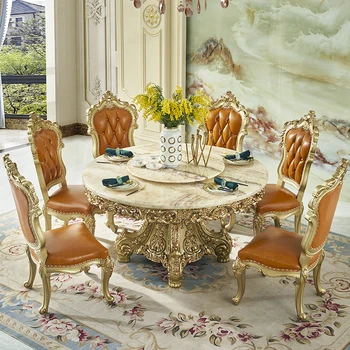 Сочетание мраморного обеденного стола и стула в европейском стиле, полностью вырезанный из цельного дерева, круглый обеденный стол для виллы на 8 персон