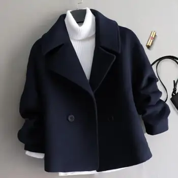 осенне-зимнее новое короткое шерстяное пальто в консервативном стиле, женское двубортное шерстяное пальто с лацканами