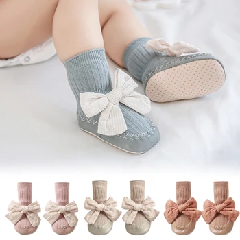 Осенне-зимние носки для новорожденных, Носки с бантом для маленьких девочек, Обувь для прогулок с младенцем, Нескользящие Мягкие хлопковые носки в пол