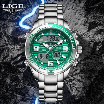 Роскошные брендовые Модные Классические Мужские часы LIGE, Цифровые Кварцевые часы с двойным дисплеем, Водонепроницаемые, со светящейся датой, Военные наручные часы