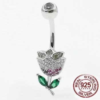 Кольца для пупка из стерлингового серебра 925 пробы в форме розы, CZ кольца для пупка, украшения для пирсинга живота для женщин