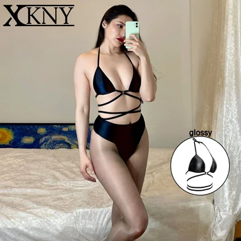 XCKNY сексуальный атласный глянцевый топ, бикини с масляным блеском, шелковистое нижнее белье на шнуровке, разнообразное спортивное белье для йоги, пляжное нижнее белье для плавания, черный бюстгальтер