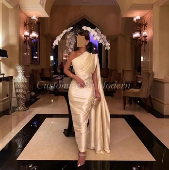 Русалка, атласные платья для выпускного вечера цвета Шампанского, плиссированные на одно плечо Длиной до щиколотки, Женское вечернее платье из Саудовской Аравии
