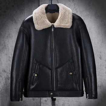 Новая мужская куртка из овчины B3, Тонкая мотоциклетная куртка, Короткое меховое пальто, Черная кожаная куртка с лацканами, Зимняя теплая куртка