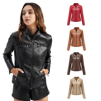 Женская тонкая куртка из искусственной кожи, осень-зима, Мотоциклетная куртка на молнии со стоячим воротником, Пальто, женская уличная верхняя одежда, chaquetas