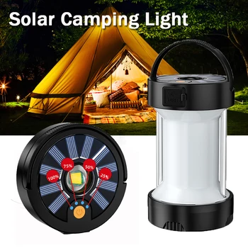 Переносной Солнечный свет для кемпинга, водонепроницаемая лампа для палатки с крючком, Уличный фонарь для рыбалки, USB Перезаряжаемые рабочие огни, факел