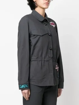 Женская куртка с вышивкой буквами из мультфильма, пуговицы спереди, отложной воротник, Длинный рукав, Мода 2023, ранняя осень, пальто из 100% хлопка