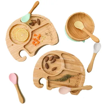 1 Комплект Бамбуковой деревянной посуды, Миска для кормления ребенка, Мультяшные Животные, тарелка для ужина в виде Слона с присоской, аксессуары для детских товаров, Подарок