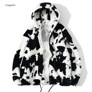 Мужская уличная одежда, кардиган на молнии с принтом коровы, пальто с капюшоном, осень-зима, Harajuku, Свободное парное пальто, верхняя одежда, толстовка, куртка из овечьей шерсти
