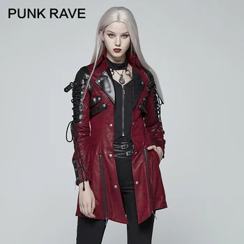 Женский панк-РЕЙВ В стиле Панк, Вампир, Красный, готический, с шипами, Тяжелая Мотоциклетная куртка из искусственной кожи, Модное Качественное Длинное пальто