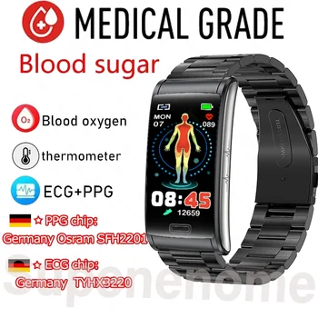 Новый неинвазивный умный браслет с контролем уровня глюкозы в крови, мужской кислородный браслет, монитор артериального давления, температуры тела, ЭКГ + PPG, смарт-браслеты