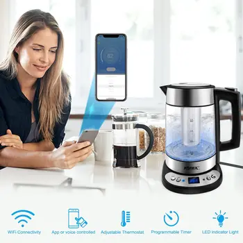 Управление чайником с помощью приложения, Стеклянный бойлер для воды В комплекте Фильтр Подходит для Alexa Google Home Assistant 1,7 л Без бисфенола Отлично подходит для кофе