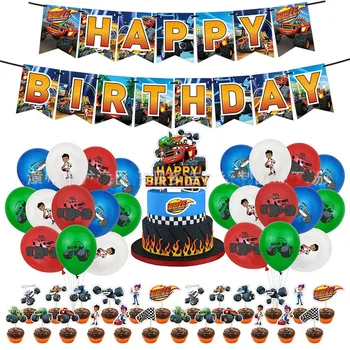 Мультяшный автомобиль Blaze Monster Воздушные шары Баннер С Днем Рождения Украшения Для Вечеринок Машины Гоночный Гоночный автомобиль Внедорожник Торт Кексы Топперы Игрушки