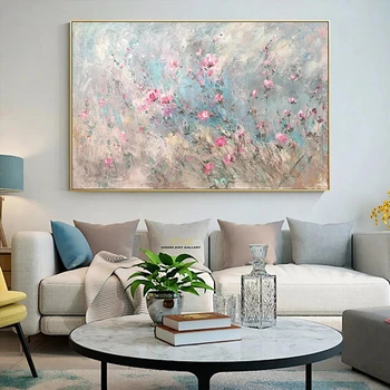 Ручная роспись, абстрактная картина с розовыми цветами, Трава, цветы, картина маслом на холсте, Цветочное настенное искусство для гостиной, декор спальни