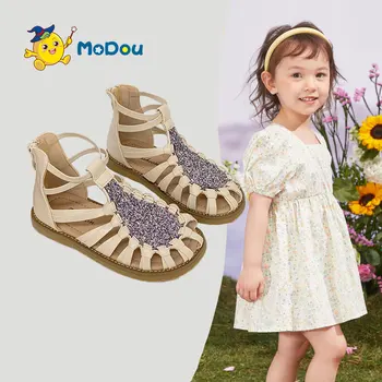 Кожаные сандалии для девочек Mo Dou, мягкий нескользящий тканый верх, сверкающие блестки, Обувь принцессы, Уютный дышащий высокий верх в корейском стиле