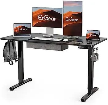 Письменный стол с выдвижным ящиком, Стол для сидения и вставания с регулируемой высотой, Рабочий стол для домашнего офиса, Компьютерное рабочее место, 55x28 дюймов, черный
