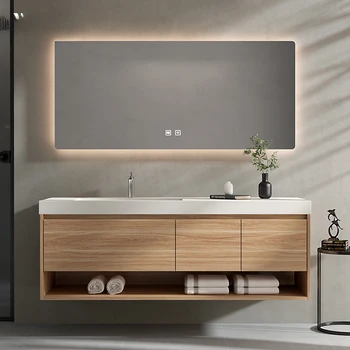Японский стиль каменная панель встроенный умывальник комбинация шкафов для ванной комнаты изготовленный на заказ дубовый умывальник небольшой умывальник для ванной комнаты