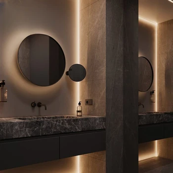 Современный простой дизайнерский шкаф для ванной комнаты в сочетании с каменной плитой выглядит легким и роскошным