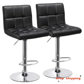 Регулируемый современный барный стул со средней спинкой из искусственной кожи, набор из 2 предметов, черный Bancos Para Barra