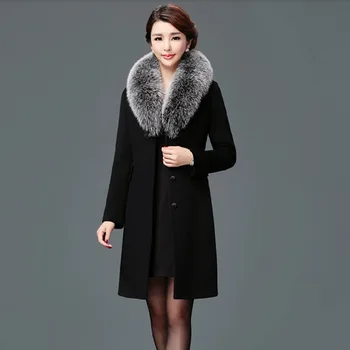 Элегантные однотонные длинные шерстяные зимние пальто с узкими карманами, офисное шерстяное пальто и куртка с меховым воротником на пуговицах, женские пальто