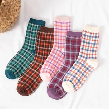 Уютные дышащие хлопковые красочные носки, Женские Модные Клетчатые Короткие носки для милых девочек, повседневные носки в японском стиле Харадзюку
