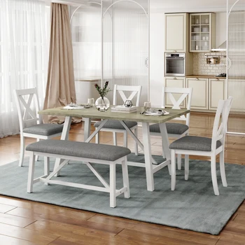 Обеденный Стол из 6 предметов, Деревянный Обеденный стол и стул, Кухонный стол со столом, Скамейкой и 4 стульями, Деревенский стиль, Белый + серый