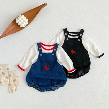 Корейская детская одежда, Джинсовое боди без рукавов для маленьких девочек, Топ с Мультяшным медведем, Джинсовые комбинезоны для новорожденных мальчиков, Осенние комплекты одежды для малышей