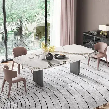 Прямоугольный стол 1,8 м для большой квартиры, стабильное основание, простота кухонной мебели, столешница из каменной плиты, обеденный стол