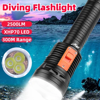 XHP70 Светодиодный подводный фонарик для дайвинга IPX8 2500LM Дальность действия фонаря 300 м Высокая Яркость 3 режима для подводных исследований