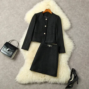 Новая европейская и американская женская одежда на зиму 2022 года, однобортное черное твидовое пальто с длинными рукавами, юбки, модные костюмы