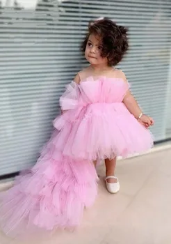 Розовое Тюлевое Милое платье для маленьких девочек с длинным шлейфом, Детское платье на День Рождения 12 м 18 М 24 месяца, Праздничное платье