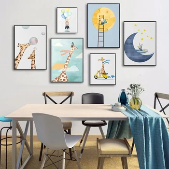 Мультяшные плакаты и принты с жирафом и кроликом Висят в гостиной На холсте, настенные художественные картины, украшение домашнего бара
