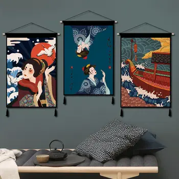 Японские плакаты на холсте Ukiyoe, Настенная живопись для Суши-ресторана, Домашний Декор, Деревянные Подвесные Картины с Прокруткой, Настенный Гобеленовый Декор