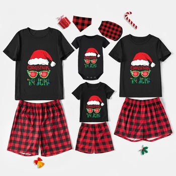 Одинаковые семейные пижамы Christams In July, Солнцезащитные очки, Санта, Черные, Красные Короткие Пижамные Комплекты