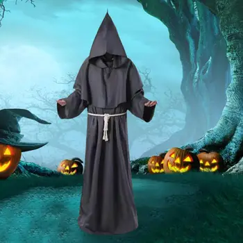 Средневековая мантия монаха с капюшоном, костюм на Хэллоуин, комплект с поясом, ожерелье, аутентичная древняя одежда для ролевых игр, косплей