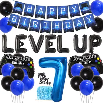 Украшения для видеоигр на 7-й день рождения для мальчиков, принадлежности для вечеринки, баннер с Днем рождения Номер 7, воздушный шар для игры на вечеринке