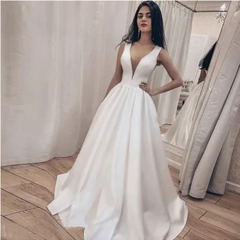 AE0771 платье Элегантное атласное Свадебное платье с Глубоким V-образным вырезом Robe De Mariée Bride To Be, Длинное Платье Невесты, Vestido De Novia