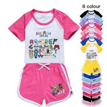 Летний комплект одежды Alphabet Lore для девочек и мальчиков, Спортивная футболка для подростков, Штаны, Комплект из 2 предметов, Детская одежда, Удобные наряды, Пижамы