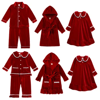 2022 Детские Рождественские халаты, Пижама, Красное Золотое Бархатное платье, Семейный Рождественский костюм для мальчиков и девочек, Одежда для сна для малышей, пижамы