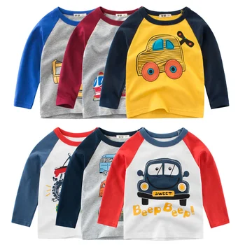 Осенняя футболка 2023 года, футболка с мультяшным автомобилем, Одежда для маленьких мальчиков и Девочек, Хлопковый топ с длинными рукавами для мальчиков, Детская одежда 2-9 лет