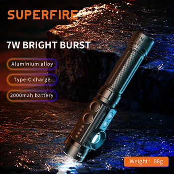 Многофункциональный светодиодный фонарик SuperFire J05 с четырьмя источниками света 2000 мАч из алюминиевого сплава фиолетового цвета с магнитным всасыванием
