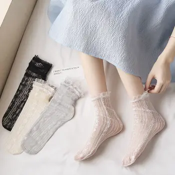 Прозрачные летние однотонные сетчатые женские носки JK, кружевные носки с оборками, чулочно-носочные изделия в корейском стиле