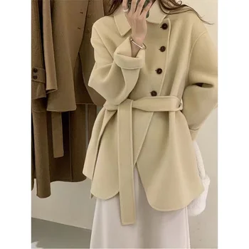Женская элегантная шерстяная куртка с длинными рукавами на пуговицах Не по центру, осень-зима, однотонная шерстяная верхняя одежда с отложным воротником, топ