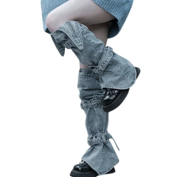 Женские джинсовые гетры в стиле Харадзюку в стиле панк-рок, готические бандажные гетры с пряжками до колена, Эстетичная уличная одежда в стиле гранж