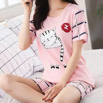 Милая Летняя пижама, Модная футболка, Комплект шорт, Клетчатая Женская Летняя Пижама с принтом кошек, Дышащий Пижамный комплект